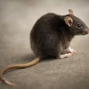 Close-up image of a brown rat with dark fur, rounded ears, and a long tail sitting on a concrete surface, commonly found in residential and commercial rodent infestations.