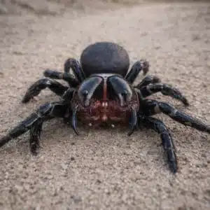 Close-up image of a black mouse spider on sandy ground , spider pest control