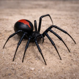 Close-up image of a redback spider on sandy ground, spider pest control