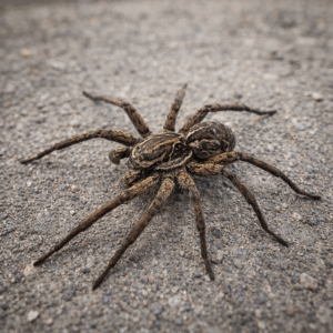 Close-up image of an Australian wolf spider on a rough ground surface, spider pest control