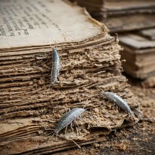 Silverfish insects feeding on old damaged books and paper materials, showing common signs of silverfish infestation and household pest damage in Sydney homes.