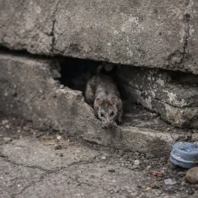 Brown rat crawling through a crack in a damaged concrete wall, showing a common rodent entry point and nesting area in residential or commercial properties.
