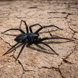 Close-up image of a black house spider standing on cracked dry ground , spider pest control