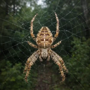 Close-up image of a garden orb-weaving spider sitting in the center of its large circular web, spider pest control