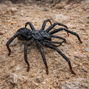 Close-up image of a trapdoor spider on sandy soil, spider pest control